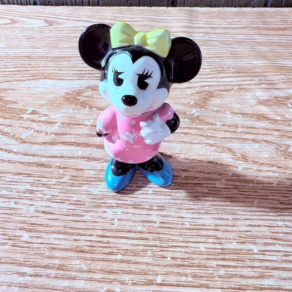 Vintage Disney Ceramic Minnie Mouse Figurine Pink Polka Dot Dress Blue Shoes